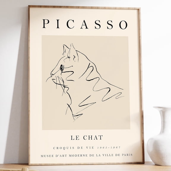 Picasso Cat Line Art Print Beige Minimalist Poster Home Decor Office Wall Art