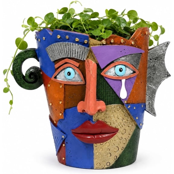 Picasso-Inspired Face Planter | Colorful Abstract Art Resin Head Pot with Drainage Hole, Indoor Outdoor
