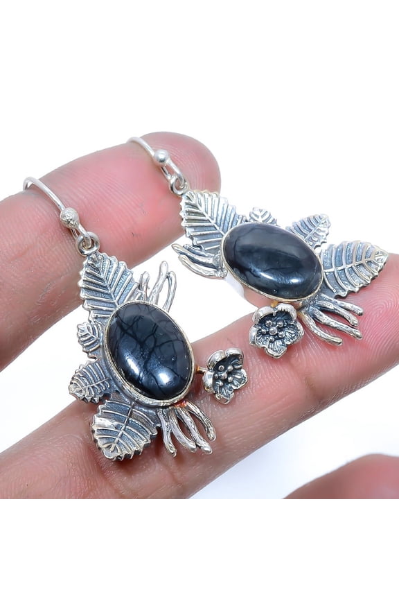 Picasso Jasper Solid 925 Sterling Silver Leaf Earring 1.77" T70, Handmade Jewelry, Dangle Earring