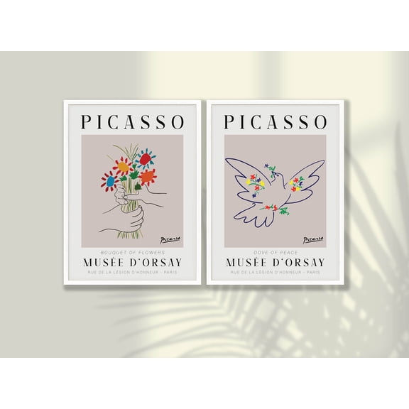 Picasso Prints Dove Of Peace & Bouquet Of Flowers Home Decor Office Wall Art Set 2