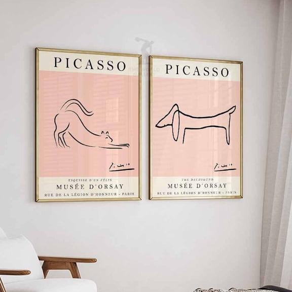 Picasso Style Cat Dog Line Art Animal Modern Wall Art Print Set 2 Unframed Paper Print 16x24