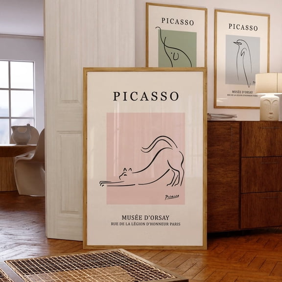 Picasso Style Cat Line Drawing Minimal Pink Wall Art, Unframed Paper Poster 8x10in