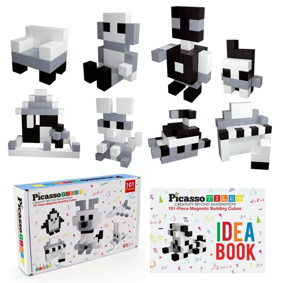 PicassoTiles 101PCS Black & White 1" Magnetic Puzzle Cube Set, STEM Educational Building Blocks, Sensory Learning Toy with Idea Book for Kids