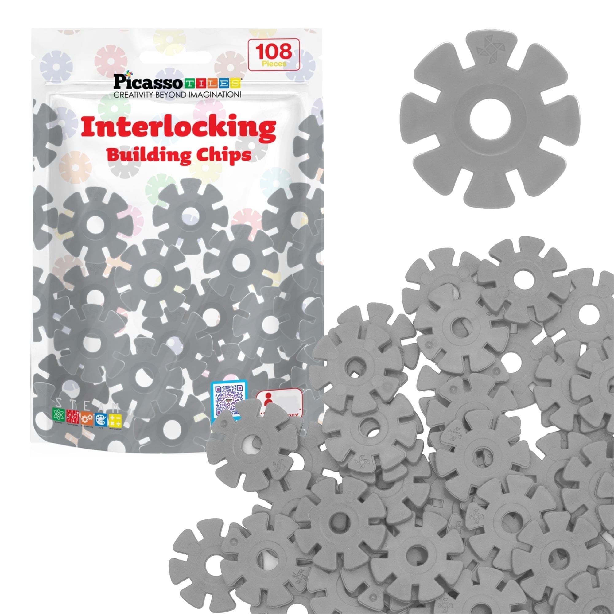 PicassoTiles 108PCS Gray Interlocking Disc Building Blocks Toy Set for ...