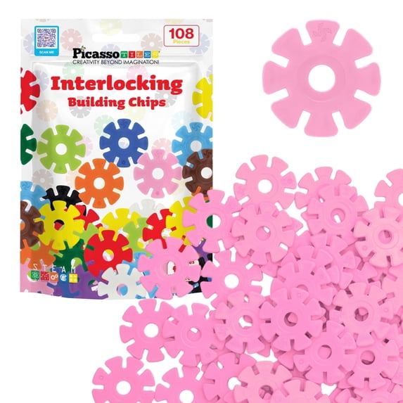 PicassoTiles 108PCS Pink Interlocking Disc Building Blocks Toy Set for Kids – STEM Construction & Creative Play