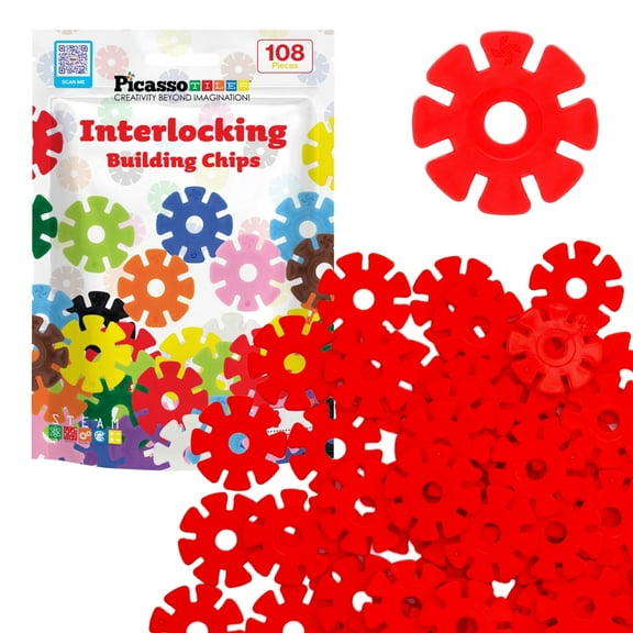 PicassoTiles 108PCS Red Interlocking Disc Building Blocks Toy Set for Kids – STEM Construction & Creative Play