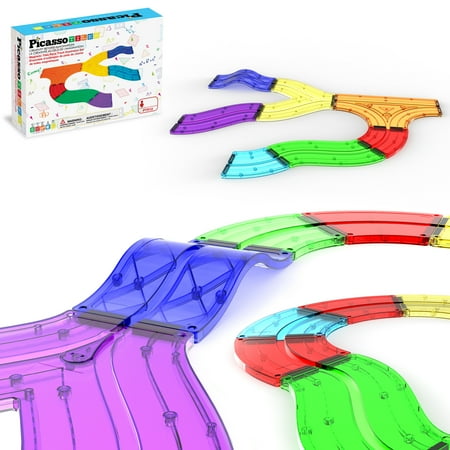 PicassoTiles Magnetic Race Track Expansion Set for Kids – 12PCS STEM Construction Building Blocks Add-On Toy with Racing Ramp