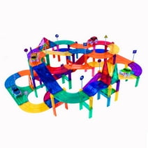 Picasso Tiles 150 Piece Magnetic Kids Toy Building Race Track Set with Cars for Ages 3+, Multicolor