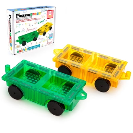 PicassoTiles PT21 2-Piece Magnetic Tile Car & Truck Base Set – Expansion Add-On Compatible with Building Bricks, STEM Construction Toy for Toddlers & Kids Ages 3+