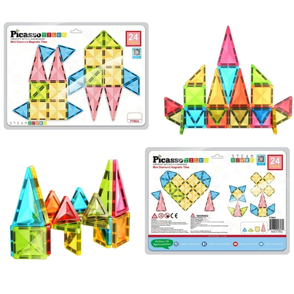 PicassoTiles Mini Magnetic Tiles for Kids – 24PCS STEM Construction Building Blocks Travel Toy Set