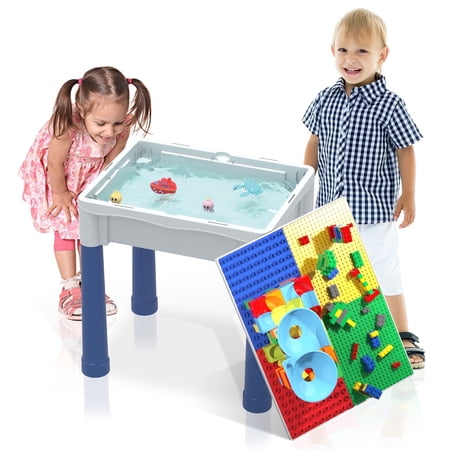 PicassoTiles Kids Activity Center Play Table & Study Desk Set with Sandbox, Storage, 330PCS Dual-Size Building Bricks, Marble Run STEM Toy