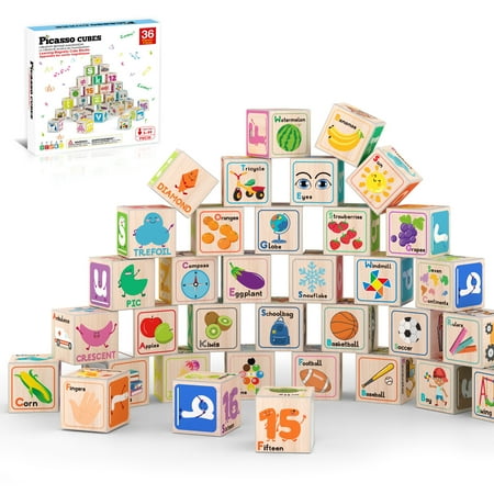 PicassoTiles 36PCS 1" Magnetic Puzzle Cubes, 216 Patterns, Alphabet, Numbers & Shapes STEM Educational Sensory Building Toy for Kids 3+