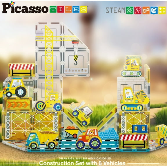 PicassoTiles Magnetic Tiles for Kids – Construction Theme 45PCS STEM Building Blocks Educational Toy