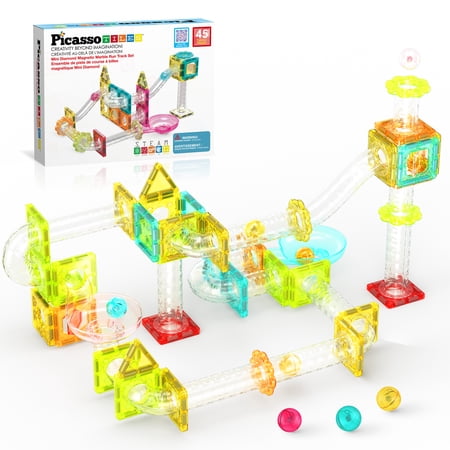 PicassoTiles Mini Marble Run Magnetic Tiles for Kids – 45PCS STEM Construction Building Blocks Race Track Travel Toy Set