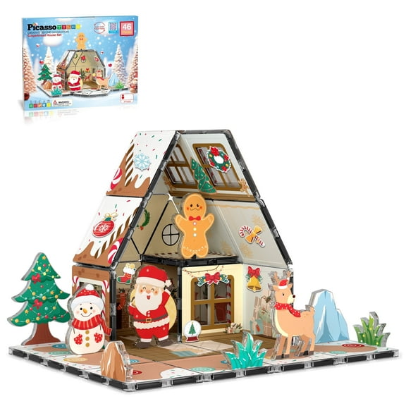 PicassoTiles Gingerbread House Magnetic Tiles for Kids – STEM Construction Building Blocks Educational Toy Set