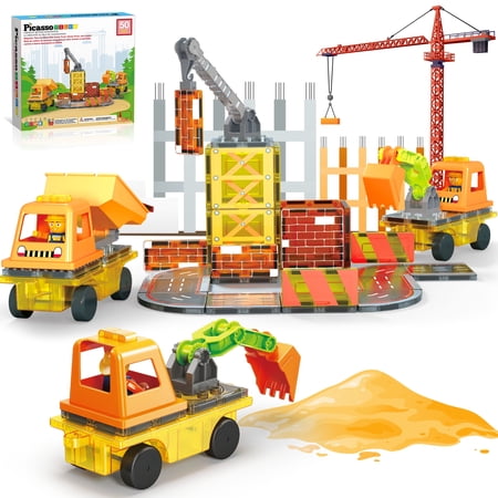 PicassoTiles Magnetic Tiles for Kids – 5-in-1 Construction Theme 50PCS STEM Building Blocks, Educational Creative Learning Toy Set