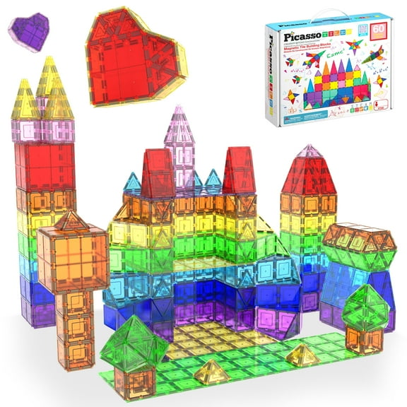 PicassoTiles Magnetic Tiles for Kids – 60PCS STEM Building Blocks Set, Educational Construction Toy, Creative Learning Magnet Kit for Toddlers