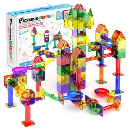 PICASSO-TILES Marble Run Magnetic Tiles for Kids, 71PC STEM Building Blocks Educational Race Track Toy Set