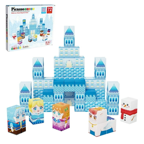 PicassoTiles 72PCS Magnet Cube Winter Ice Castle Building Block Set with 7 Magnetic Character Figures, STEM Educational Toy, Pretend Play Age 3+