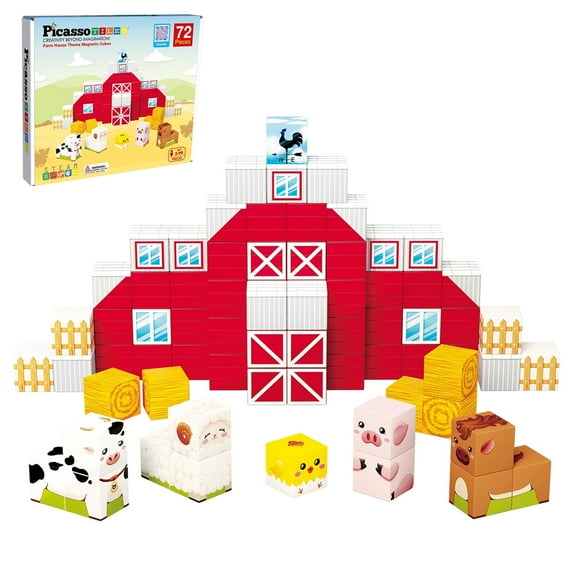 PicassoTiles 72PCS Farm House Magnetic Cube Set, Mix & Match Building Blocks with 5 Character Action Figures, STEM Educational Sensory Toy for Kids 3+