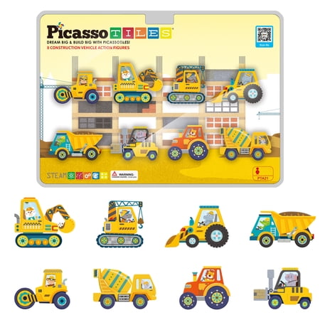 PicassoTiles Magnetic Tile Building Blocks Add-On – 8 Magnetized Action Figures, Construction Vehicles & Zoo Animals, STEM Toy for Kids