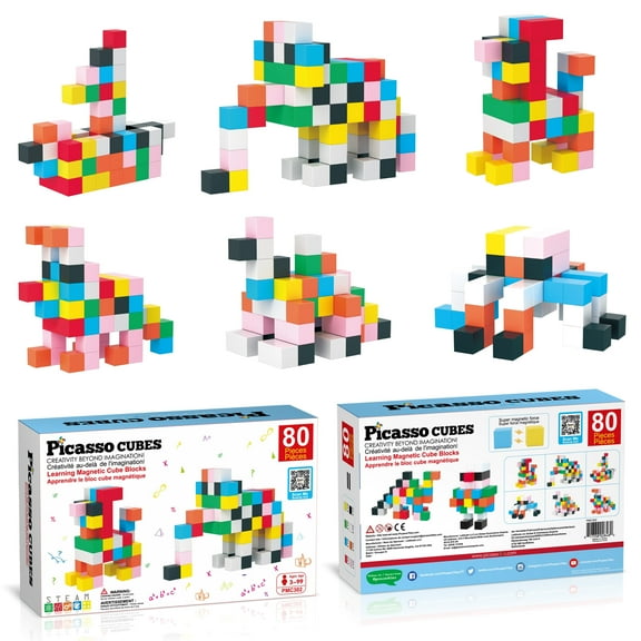 PicassoTiles 80PCS Magnet Cube Building Blocks, 1.2" 3CM Magnetic Cubes Toy, Educational Construction & Sensory STEM Playset with Idea Booklet for Kids 3+