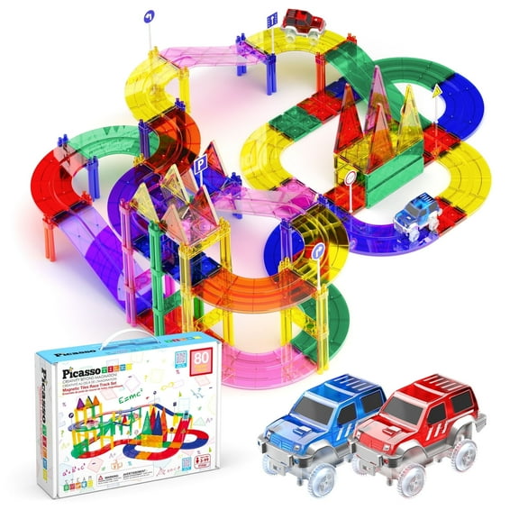 PicassoTiles Race Track Magnetic Tiles for Kids with 2 Racing Cars – 80PCS STEM Construction Building Blocks Educational Toy Set