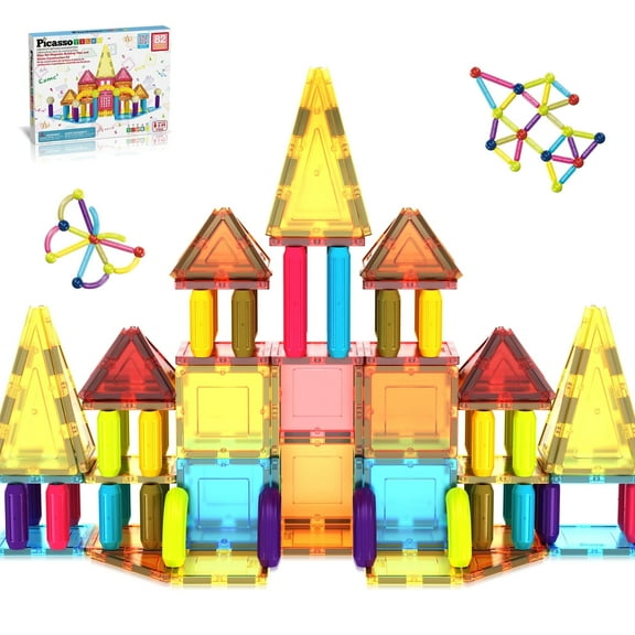 PicassoTiles 82PCS Magnetic Sticks and Tiles Construction Building Blocks, STEM Learning Toy with Magnets & Balls for Kids Ages 3+