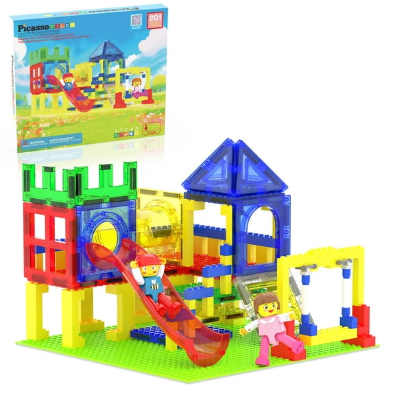 PicassoTiles Magnetic Tiles for Kids – Playground Slide Theme 201PCS STEM Construction Building Blocks Educational Toy