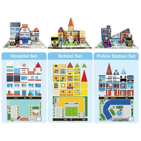 PicassoTiles 80PC 3-in-1 School, Hospital & Police Station Magnet Set with Stick-On Puzzle Maps, STEM Magnetic Building Blocks Educational Toy
