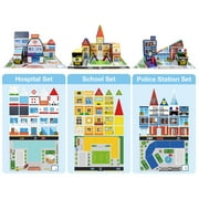 PicassoTiles 80PC 3-in-1 School, Hospital & Police Station Magnet Set with Stick-On Puzzle Maps, STEM Magnetic Building Blocks Educational Toy