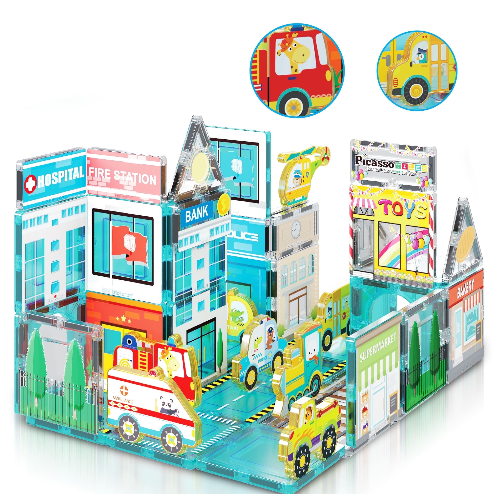 Metro City Themed Magnetic Building Blocks Set with Vehicles