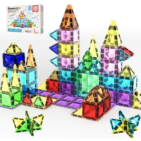 PicassoTiles Mini Magnetic Tiles for Kids – 100PCS STEM Building Blocks Travel Set, Educational Construction Toy, Creative Portable Learning Kit