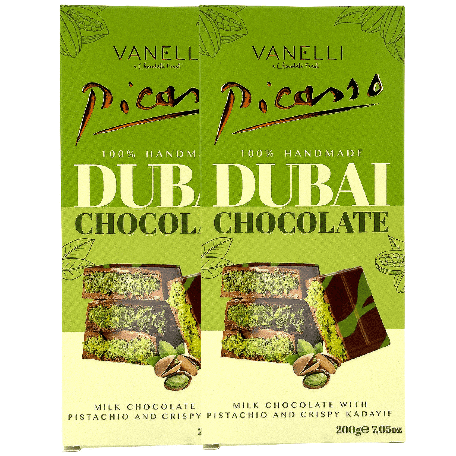 Picasso Vanelli Dubai Chocolate Bar – Premium Imported Milk Chocolate, 7 oz (200g) 2 Pack.