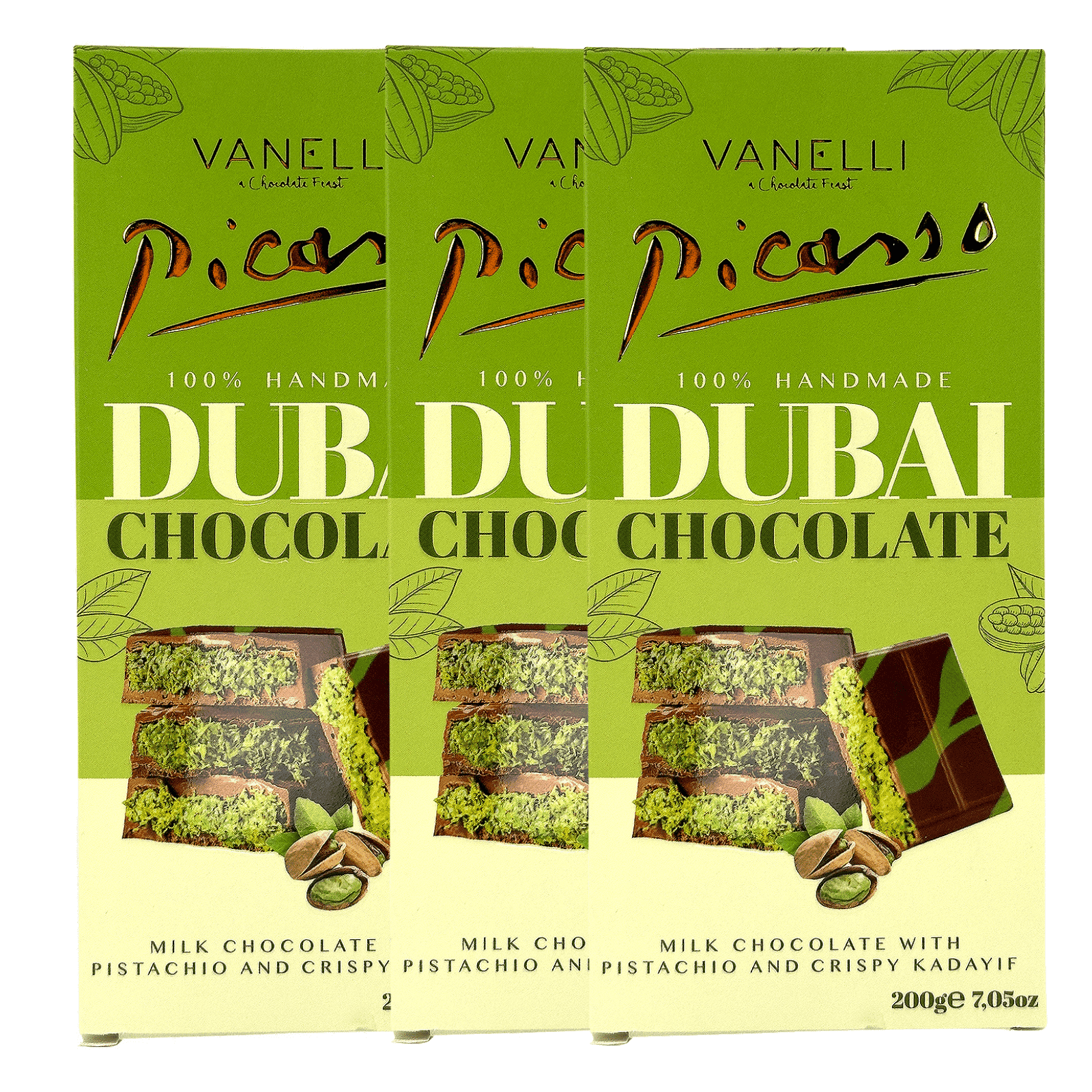 Picasso Vanelli Dubai Chocolate Bar – Premium Imported Milk Chocolate, 7 oz (200g) 3 Pack.