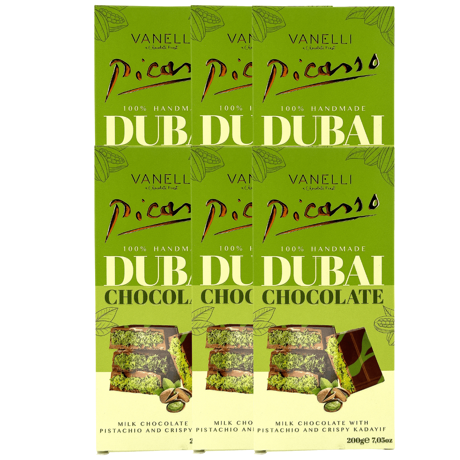Picasso Vanelli Dubai Chocolate Bar – Premium Imported Milk Chocolate, 7 oz (200g) 6 Pack.