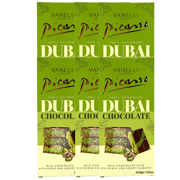 Picasso Vanelli Dubai Chocolate Bar  Premium Imported Milk Chocolate, 7 oz (200g) 6 Pack.