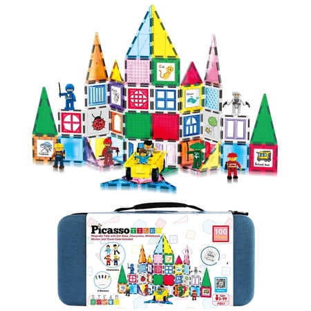 PicassoTiles 100PCS Magnet Tile Building Block Set with Carry Case, Car Base, 8 Magnetic Characters, Whiteboard Markers, STEM Educational Toy Age 3+
