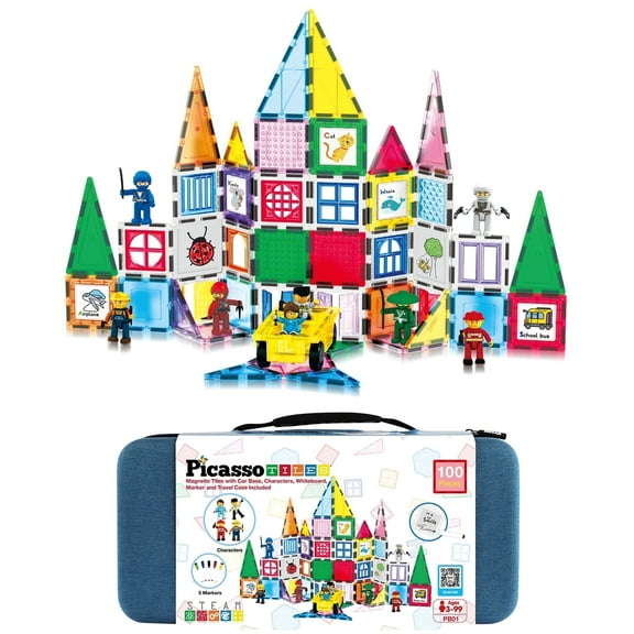 PicassoTiles 100PCS Magnet Tile Building Block Set with Carry Case, Car Base, 8 Magnetic Characters, Whiteboard Markers, STEM Educational Toy Age 3+