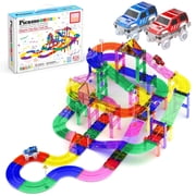 PicassoTiles Race Track Magnetic Tiles for Kids with 2 Racing Cars   100PCS STEM Construction Building Blocks Educational Toy Set