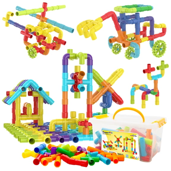 PicassoTiles 100PCS STEM Pipe Building Playset Interlocking Tube Construction Toy with Wheels and Clear Storage Box Educational Learning Toys for Preschool Montessori Kids Age 3+ Boys and Girls