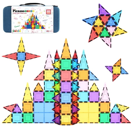 PicassoTiles 101PCS Magnetic Tile Building Blocks, STEM Toy Set with Storage Case, Educational Construction Kit for Kids 3+, Travel Carry Bin