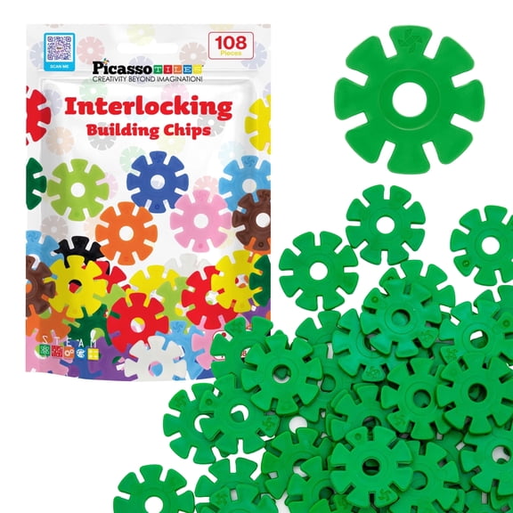 PicassoTiles 108PCS Green Interlocking Disc Building Blocks Toy Set for Kids – STEM Construction & Creative Play