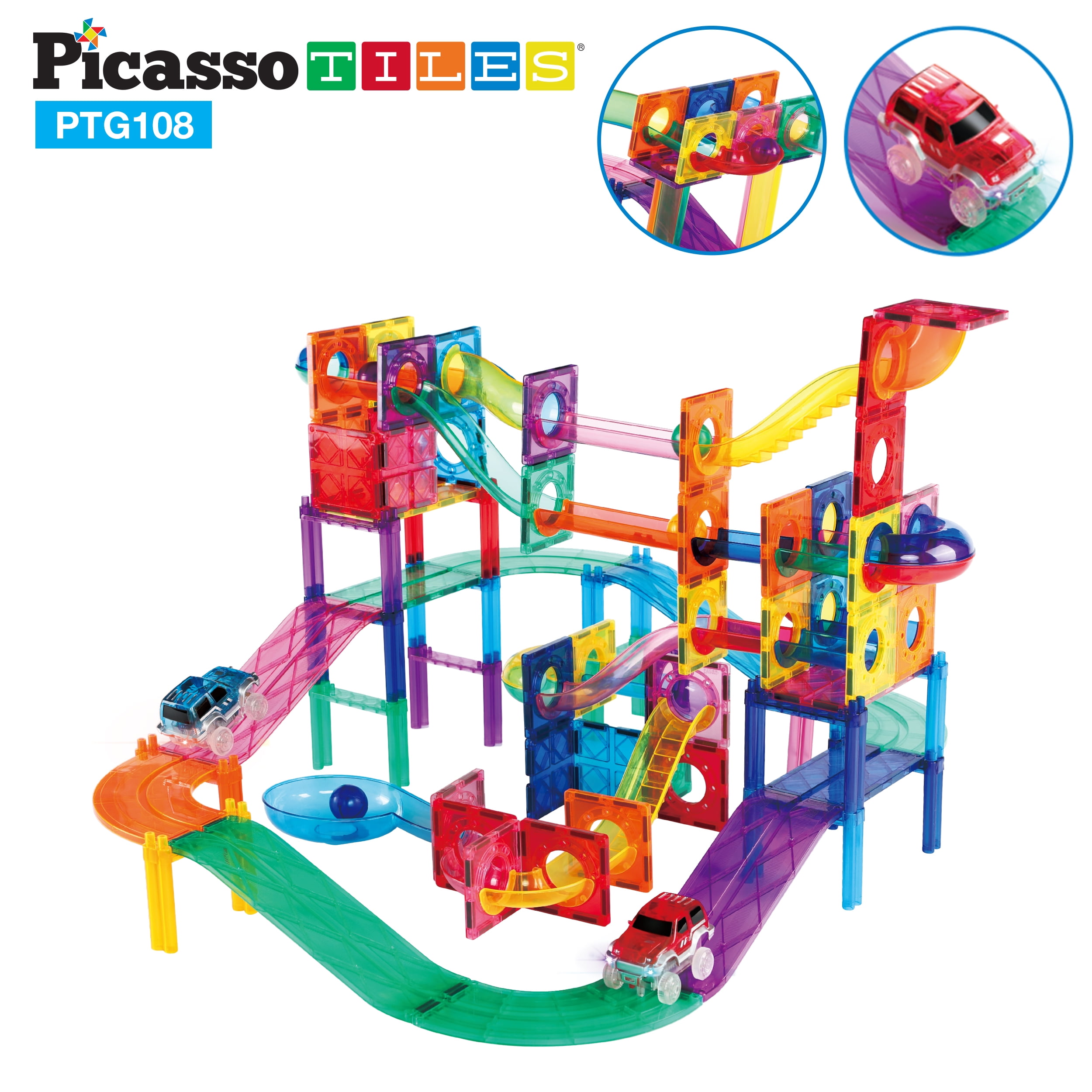 PicassoTiles 108pc 2in1 Marble Run Set & Racing Track Set