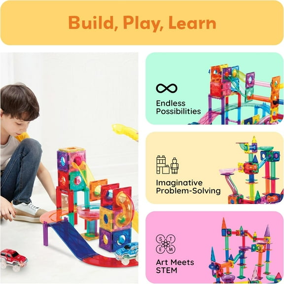 PicassoTiles 108pc Magnetic Marble Run Set with Building Tiles Race Track Car Slides Set STEM Learning Toy 3-in-1 Preschool Construction Kit for Indoor Activity and Development for Kids age 3+ PTG108