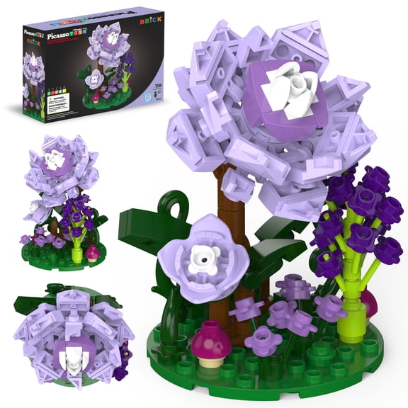 PicassoTiles 118-Piece Flower Garden Building Block Set, STEM Educational DIY Floral Arrangement Construction Toy for Boys & Girls, Purple Dahlia