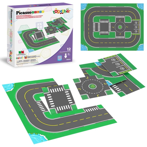 PicassoTiles 12-Pack Large Road Baseplates 10x10, City Street Building Blocks, Stem Toy for Kids