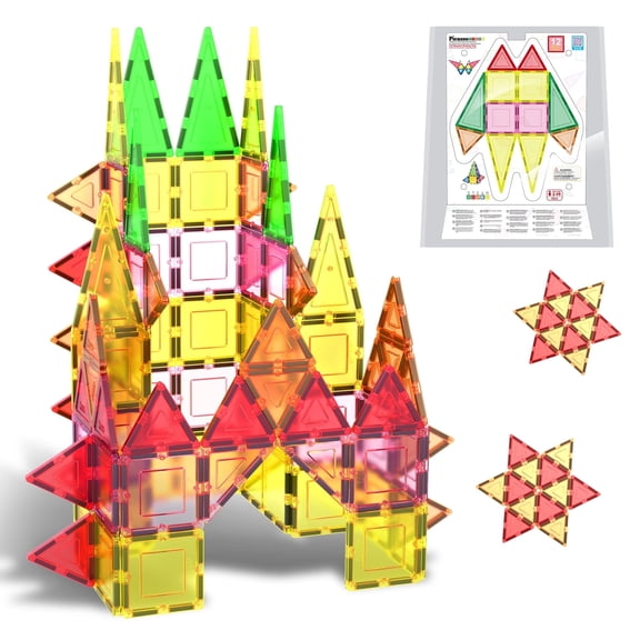 PicassoTiles Magnetic Tile Building Block Set Squares & Triangles, STEM Educational Construction Geometric Magnet Shape Kit for Kids Age 3+