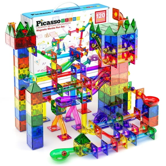 PicassoTiles Marble Run Magnetic Tiles for Kids – 120PCS STEM Educational Construction Building Blocks Race Track Toy Set