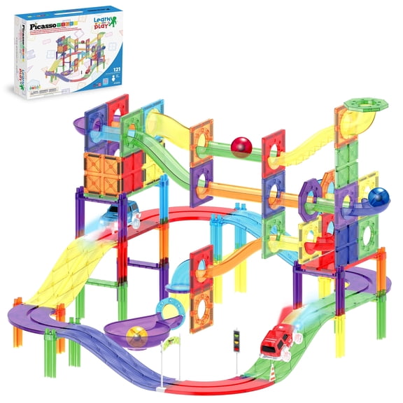 PicassoTiles 121pc Magnetic Tiles Race Track Marble Run 3-in-1 Playset Car Racing Set STEM Building Toy for Kids ages 3+